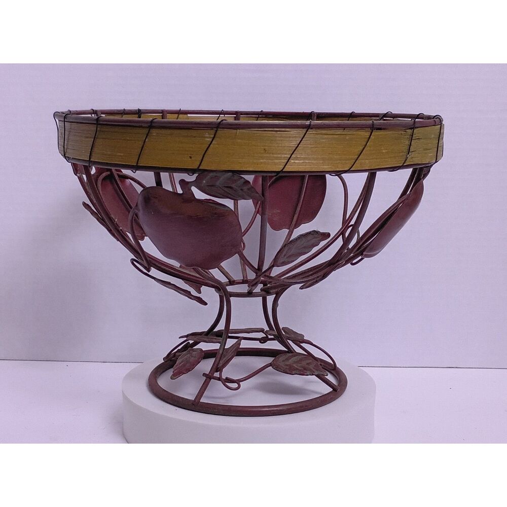 Vintage Apple Motif Wire & Bamboo Table Centerpiece Fruit Bowl / Basket